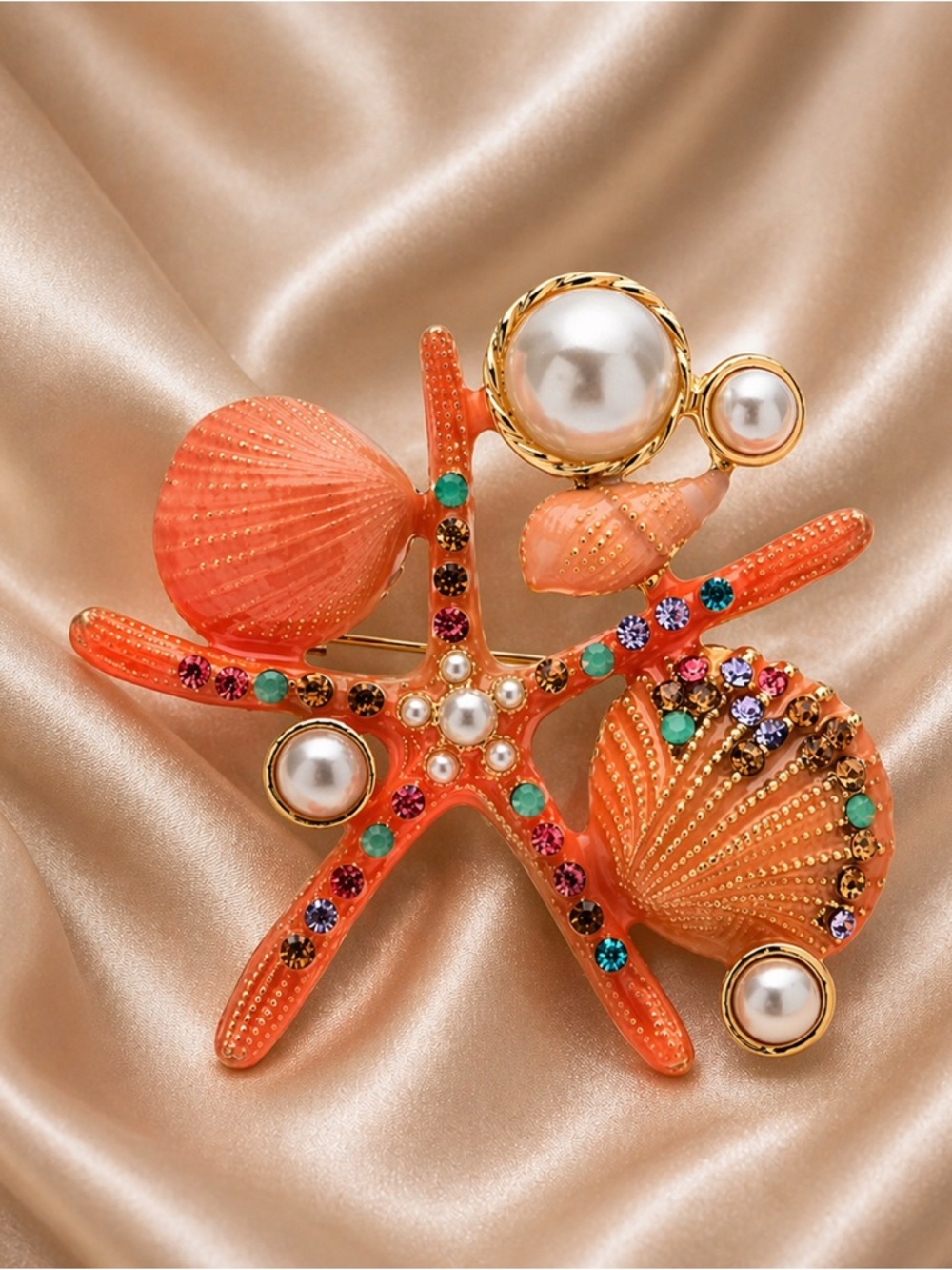 Coral Starfish Pearl Crystal Ocean Brooch